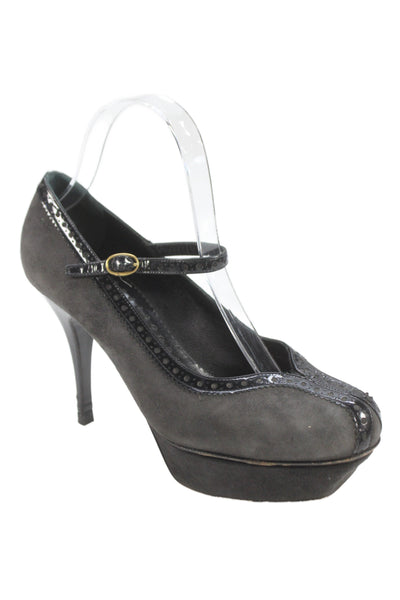 Yves Saint Laurent Womens Suede Platform Heels Mary Janes Shoes Dark Gray Size 8