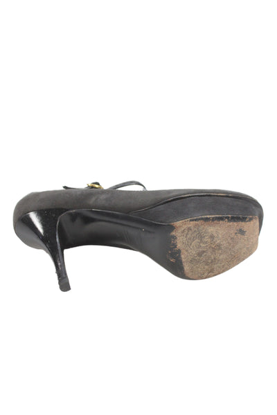 Yves Saint Laurent Womens Suede Platform Heels Mary Janes Shoes Dark Gray Size 8