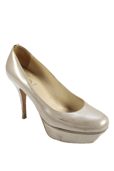 Yves Saint Laurent Womens Leather Platform Heels Pumps Shoes Pale Gold Size 7.5