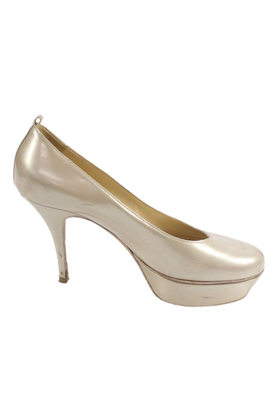 Yves Saint Laurent Womens Leather Platform Heels Pumps Shoes Pale Gold Size 7.5