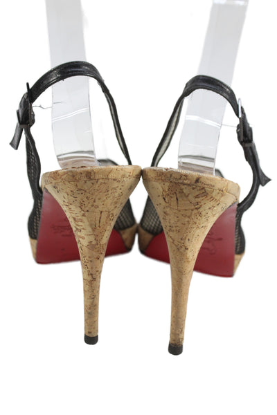 Christian Louboutin Womens Mesh Net Peep Toe Slingbacks Heels Shoes Black Size 8