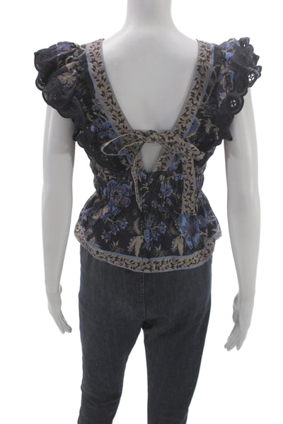 Sea New York Women Black Floral Cotton V Neck Camisole Blouse Sleeveless Size 0