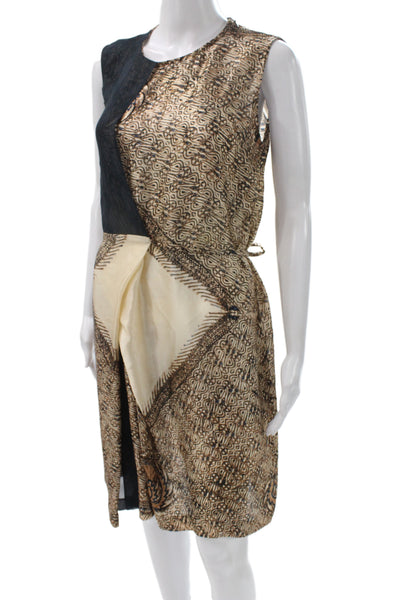 Dries Van Noten Women Shift Dress Beige Silk Batik Neck Zip Mid Calf Size 40