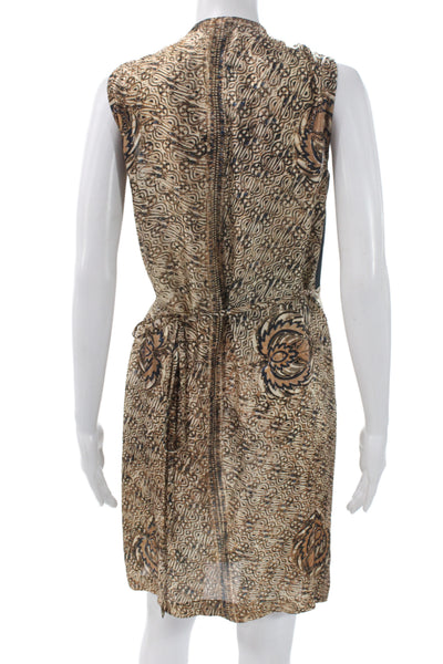 Dries Van Noten Women Shift Dress Beige Silk Batik Neck Zip Mid Calf Size 40