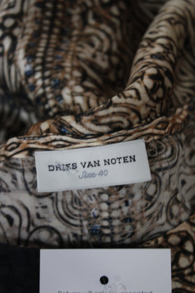 Dries Van Noten Women Shift Dress Beige Silk Batik Neck Zip Mid Calf Size 40
