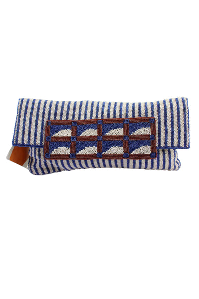 Roberta Freymann Womens Glass Seed Beaded Clutch Handbag White Blue Brown