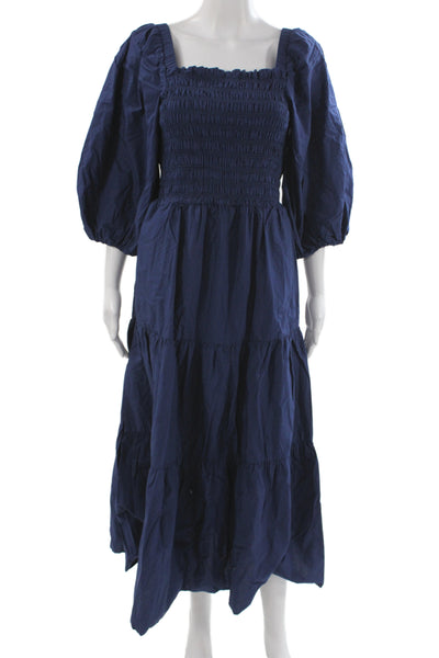 Sea New York Women Blue Maxi Dress Square Neck Tie Waist 3/4 Sleeve Size 6