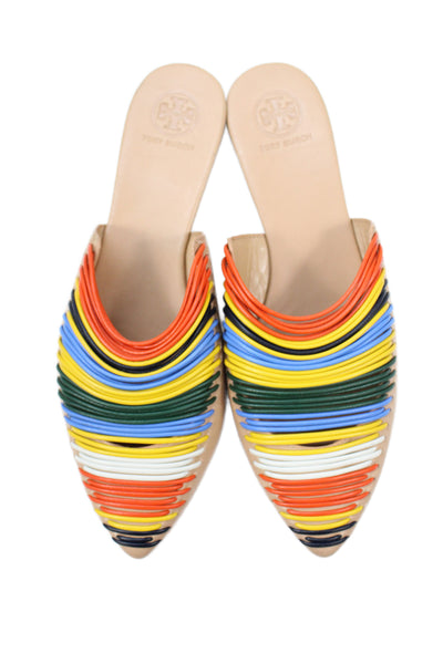 Tory Burch Women's Pointed Toe Leather Multicolor Mules Sandals Size 7.5