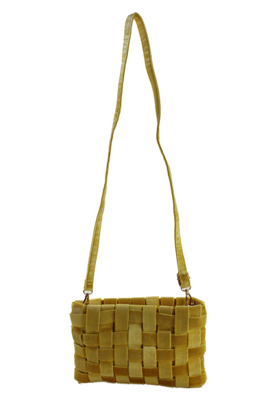 Anthropologie Womens Velour Woven Crossbody Shoulder Handbag Yellow