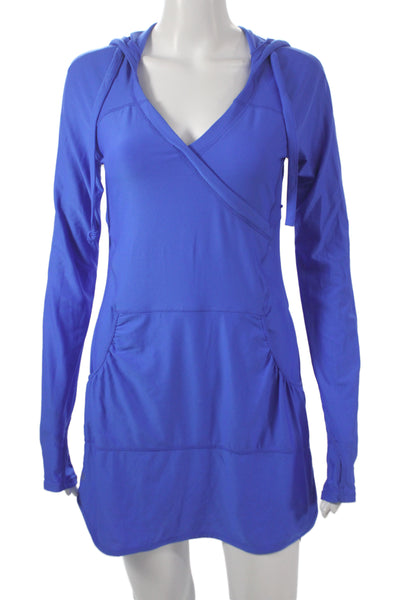 Athleta Women Pullover Hoodie Dress Blue V-Neck Long Sleeve Size 2XS
