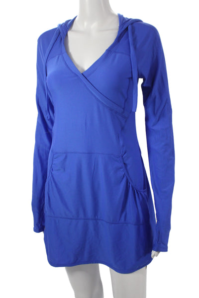 Athleta Women Pullover Hoodie Dress Blue V-Neck Long Sleeve Size 2XS