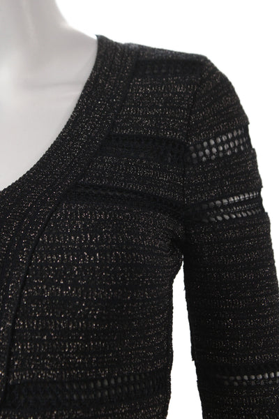 Herve Leger Womens Bodycon Dress Black V Neck Long Sleeve Mid Calf Size XS