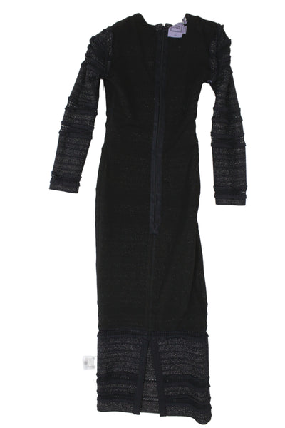 Herve Leger Womens Bodycon Dress Black V Neck Long Sleeve Mid Calf Size XS