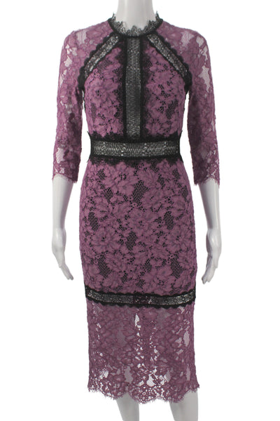 Alexis Women Sheath Dress Purple Floral High Neck 3/4 Sleeve Mid-Calf Size XS