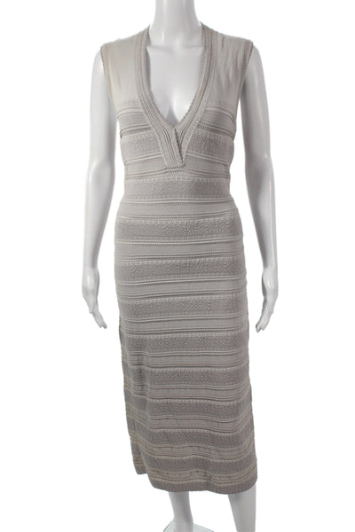 Alaia Women Bodycon Gray V Neck Midi Sleeveless Striped Viscose Dress Size 38