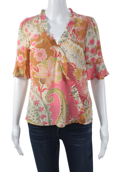 Spartina 449 Women Tunic Floral V-Neck Short Sleeve Multicolor Size 2XS