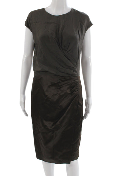 Etro Women Brown Sheath Dress Short Sleeve Round Neck Mid Calf Zip Size 46