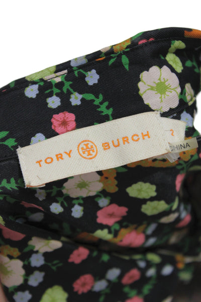 Tory Burch Women Black Silk Floral Shirt Dress Mid Calf Sleeveless Size 2