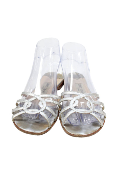 Jimmy Choo Womens Leather Metallic Open To Sandals Silver Size 7.5