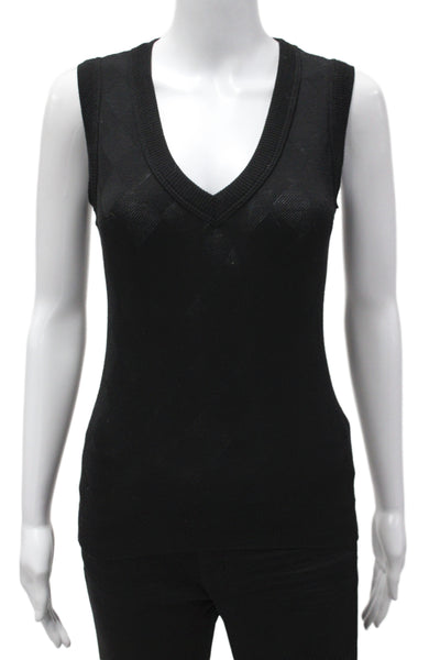 Anne Fontaine Women Black Argyle V-Neck Sweater Vest Sleeveless Size 1