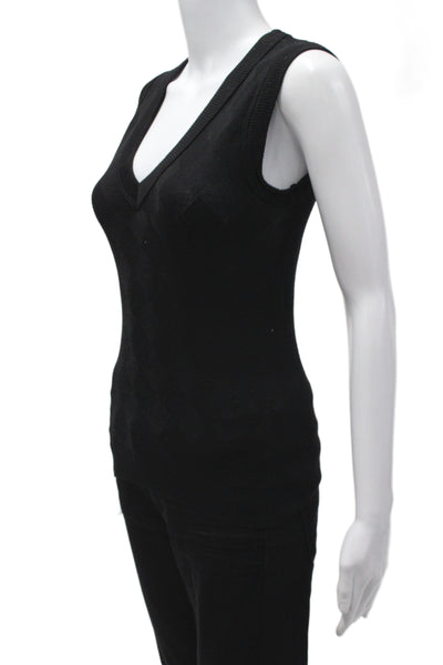 Anne Fontaine Women Black Argyle V-Neck Sweater Vest Sleeveless Size 1