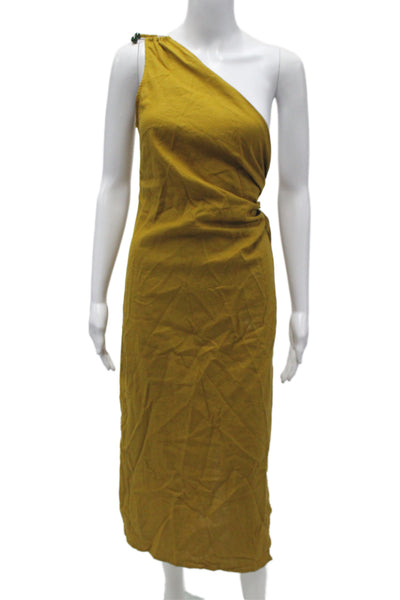Zara Women Wrap Dress Yellow One Shoulder Linen Mid-Calf Sleeveless Size XS