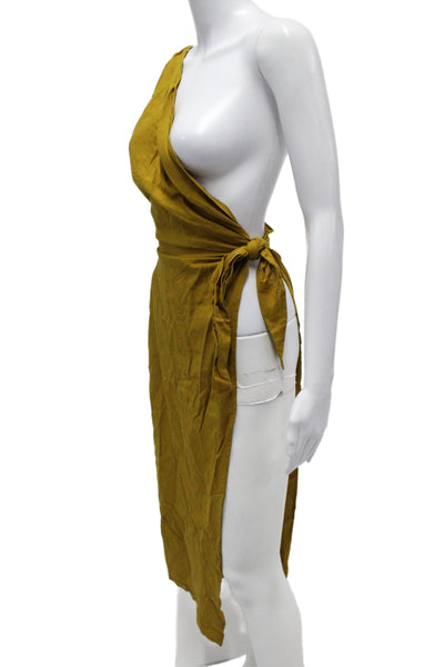 Zara Women Wrap Dress Yellow One Shoulder Linen Mid-Calf Sleeveless Size XS