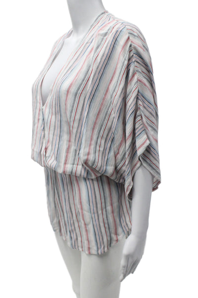 Elan Women Romper Blue Striped V-Neck Tie Waist Short Sleeve Rayon Size M