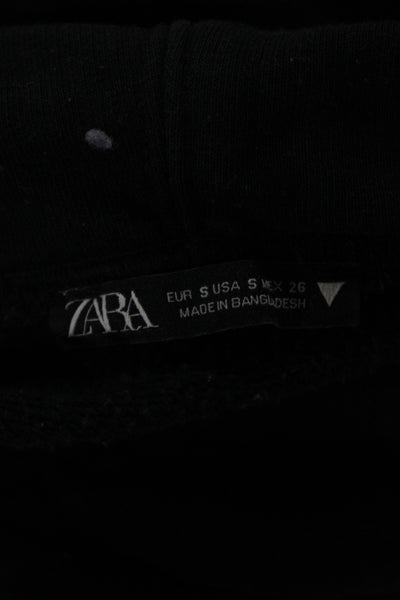 Zara Womens Pullover Hoodie High Neck Drawstring Cotton Black Size S