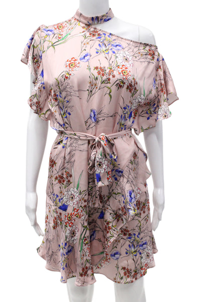 Marissa Webb Womens Mini Floral High Neck Short Sleeve Dress Pink Size M