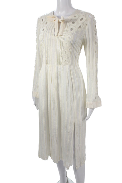 Sea Womens Shift Dress Ivory Striped Long Sleeve Tie Round Neck Midi Size 6