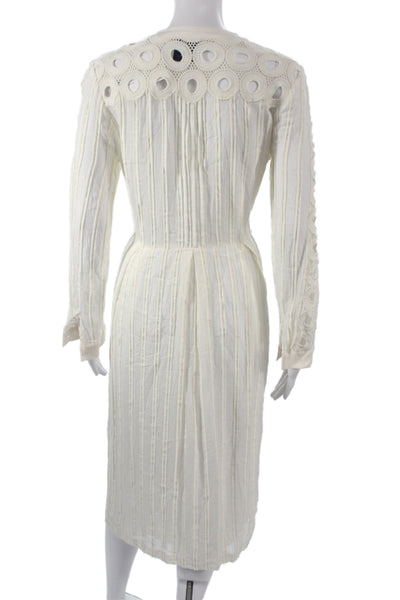Sea Womens Shift Dress Ivory Striped Long Sleeve Tie Round Neck Midi Size 6