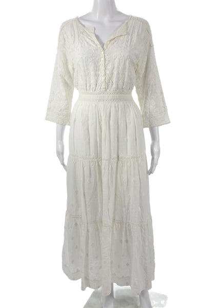Doen Womens Maxi Dress White Cotton V-Neck 3/4 Sleeve Bohemian Long Size L