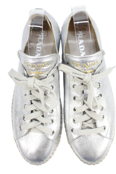 Prada Womens Leather Metallic Platform Espadrille Sneakers Silver Size 10
