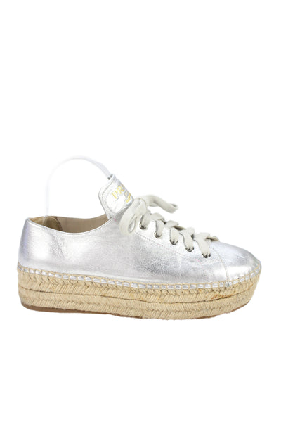 Prada Womens Leather Metallic Platform Espadrille Sneakers Silver Size 10