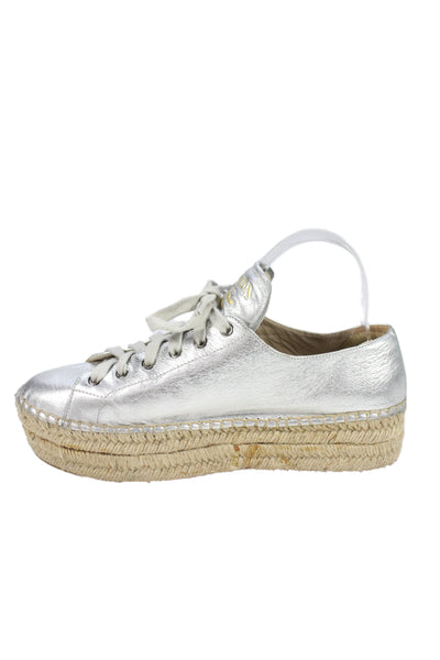 Prada Womens Leather Metallic Platform Espadrille Sneakers Silver Size 10