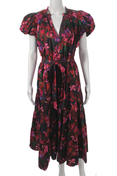 Ulla Johnson Women Maxi Floral V Neck Tie Waist Long Cotton Dress Size 12