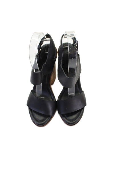 Vince Womens Leather Wooden Ankle Strap Block Heels Sandals Black Size 6.5