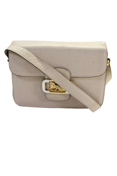 Celine Vintage Womens Leather Horse Carriage Closure Shoulder Handbag Beige
