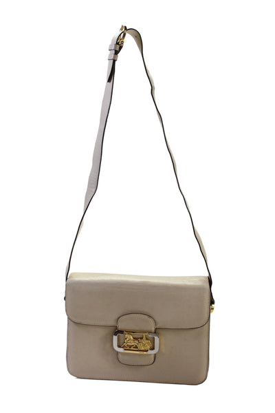 Celine Vintage Womens Leather Horse Carriage Closure Shoulder Handbag Beige