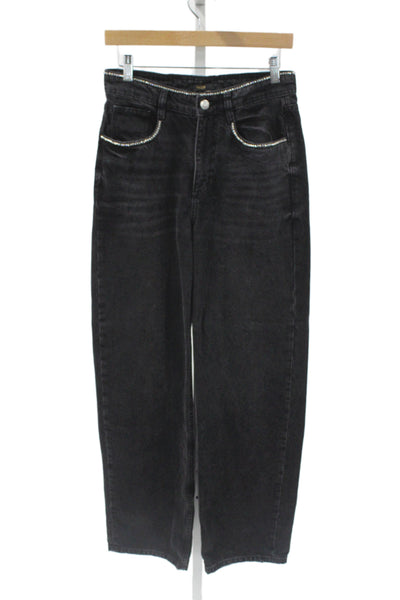 Maje Women Straight Black Jeans 100% Cotton High Rise Rhinestone Size 36