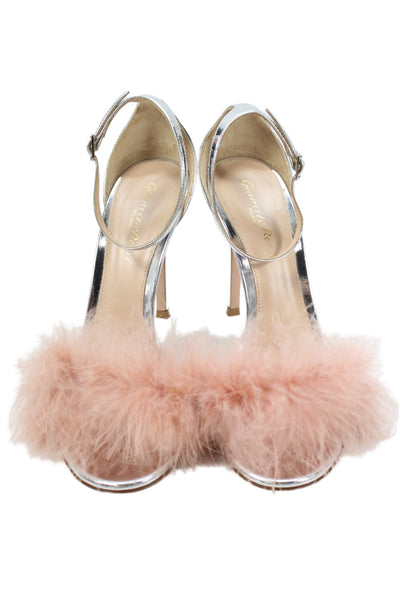 Gianvito Rossi Womens Leather Marabou Metallic Feather Stiletto Sandals Size 7