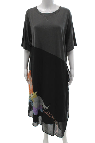 Dries Van Noten Womens Black Floral Colorblock T Shirt Dress Short Sleeve Size L