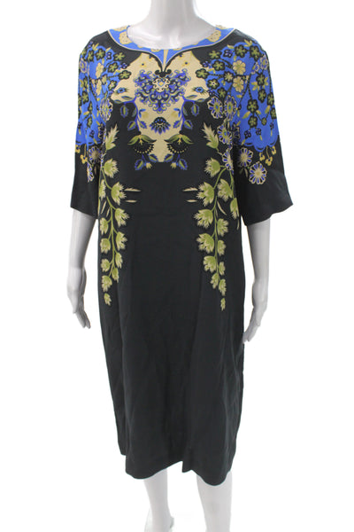 Etro Women Shift Silk Floral Knee Length Half Sleeve Black Dress Size 46