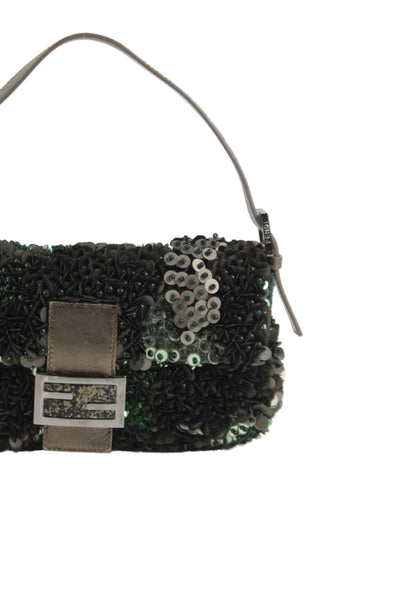 Fendi Womens 3D Beaded Sequined Baguette Top Handle Handbag Green