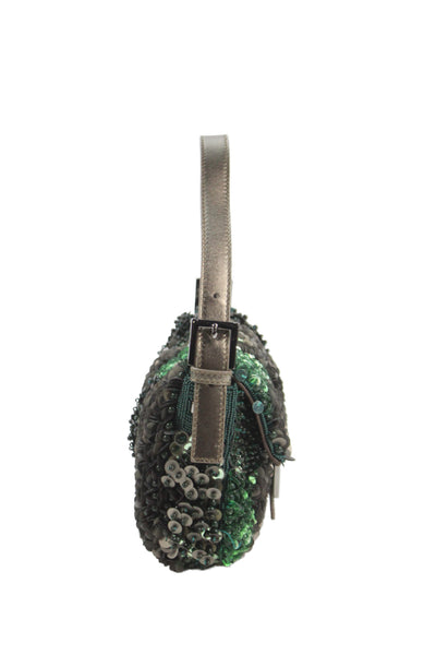 Fendi Womens 3D Beaded Sequined Baguette Top Handle Handbag Green