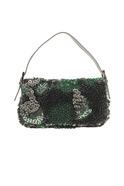 Fendi Womens 3D Beaded Sequined Baguette Top Handle Handbag Green