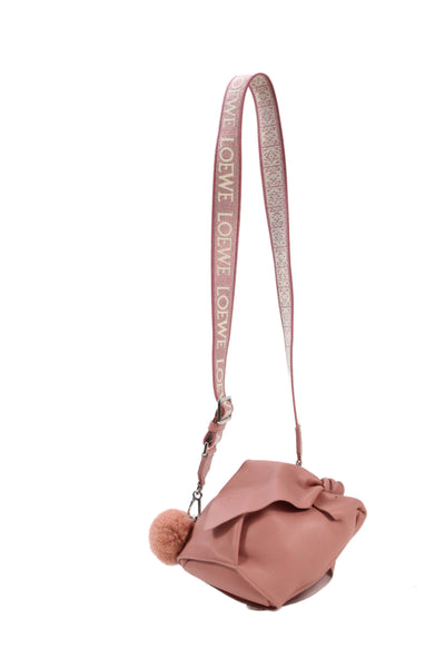 Loewe Womens Leather Small Bunny Pom Pom Shoulder Handbag Pink