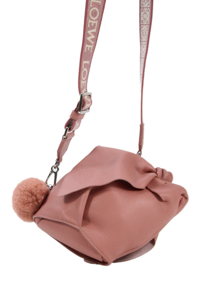Loewe Womens Leather Small Bunny Pom Pom Shoulder Handbag Pink