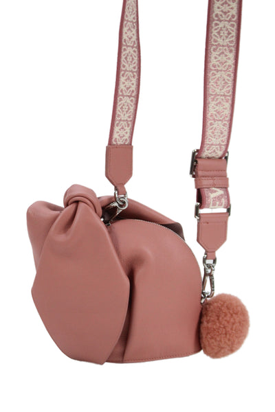 Loewe Womens Leather Small Bunny Pom Pom Shoulder Handbag Pink